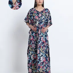 Aujjessa Cotton Woven Half Batwing Sleeves Floral Printed Maternity Nighty With Front Zipper Nursing Access - Indigo & Multi Colour-picture-15