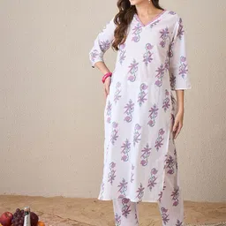 Indo Era Printed V-Neck Tunic With Trouser-image-25