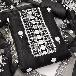 HERE&NOW Floral Embroidered Thread Work Organza Unstitched Dress Material-picture-49