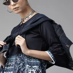 Indo Era Blue & White Ethnic Motifs Printed Tie-up Neck Puff Sleeves A-line Top-picture-19
