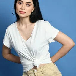 CHARMGAL V-Neck Casual Cotton T-Shirt-image-3