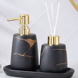 Home Centre Black & Gold-Toned 3 Piece Abstract Ceramic Bath Accessories Set-picture-22