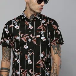 The Indian Garage Co Men Black & Rust Brown Slim Fit Floral Printed Casual Shirt-17