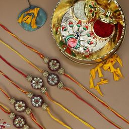 Anouk Set Of 6 Floral Rakhi & Greeting Card With Pooja Thali-19