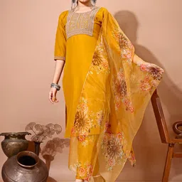 BAESD Floral Yoke Design Round Neck Straight Kurta With Trousers & Dupatta-picture-38