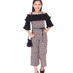 Cutecumber Three Fourth Sleeves Floral Printed Cold Shoulder Crop Length Jumpsuit With Sling Bag - Black-image-98