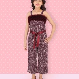 Cutecumber Sleeveless Animal Print Tulle Ruffled Neckline Detail Jumpsuit - Maroon-image-21