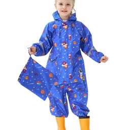 Little Surprise Box Full Sleeves Planets Theme Jumpsuit Style Hooded Rain Coat With Bag - Blue-34