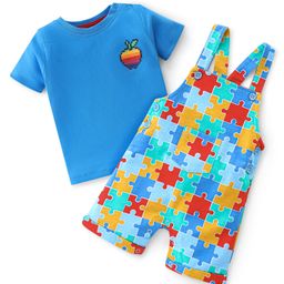Babyhug Cotton Knit Dungaree with Half Sleeves Inner Tee Set Puzzles Print - Blue & Red-image-2
