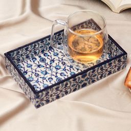 Duli Enamel Coated Multipurpose Serving Tray for Home and Dining Table - Blue and White-19