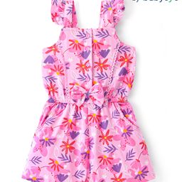 Babyoye Cotton Knit Frill Sleeves Jumpsuit Floral Print & Bow Applique - Pink-picture-7