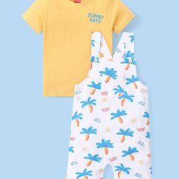 Babyhug Single Jersey Knit Dungaree with Tree Print & Half SleevesT-Shirt - White & Orange-image-100