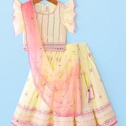 Babyhug Woven Frill Sleeves Georgette Sequin Embroidered Choli Lehenga & Dupatta Set with Tassle Detailing - Lime-image-41
