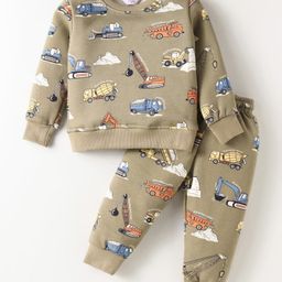 Smarty Boys Fleece Knit Full Sleeves Winter Wear T-Shirt & Lounge Pant Set With Vehicle Print - Tan-image-97