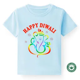 BLUSHES Diwali Theme 100% Cotton Half Sleeves Happy Diwali Text Printed Tee - Powder Blue-picture-34