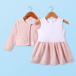 Babyhug Woven Full Sleeves Textured Shrug & Frock - Pink-image-11