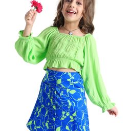 Ollington St.Woven Crinkled Crepe Full Sleeves Top & Floral Printed Skirt Set- Lime Green & Blue-image-62