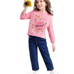 Babyhug Terry Knit Full Sleeves Top & Solid Denim Jeans Set With Floral & Text Print - Pink & Blue-image-62