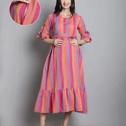 Moms Maternity Cotton Half Bell Sleeves Striped Maternity Maxi Dress With Zipper Nursing Access - Pink-picture-23