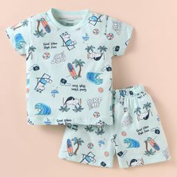 CUCUMBER Cotton Knit Half Sleeves Shorts Night Suit With Animals On Beach Print - Light Blue-image-78