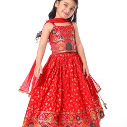 Babyhug Woven Sleeveless CholiLehenga and Dupatta Set with Embroidery & Sequin Design - Red-picture-49