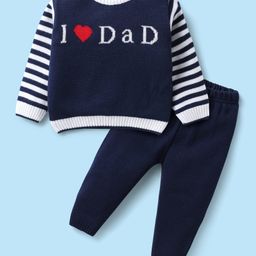 Babyhug Knitted Full Sleeves Sweater Set with Stripes & Text Design - Royal Blue-image-54