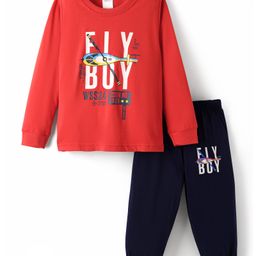 Taeko Single Jersey Knit Full Sleeves T-Shirt and Lounge Pants Set with Fly Text Print - Red & Navy Blue-picture-25