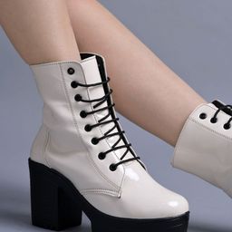 Shoetopia Solid Lace Ups Boots - Cream-image-28