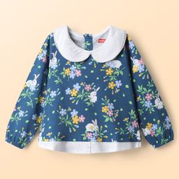 Babyhug 100% Cotton Knit Full Sleeves Peter Pan Collared Top with Floral Print - Navy Blue-image-32