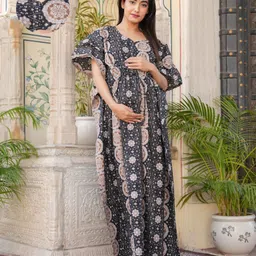Aujjessa Cotton Woven Half Batwing Sleeves Floral Printed Maternity Nighty With Front Zipper Nursing Access - Black-picture-16