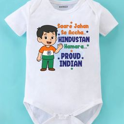 KNITROOT Cotton Lycra Knit Independence Day Theme Half Sleeves Saare Jahaan Se Accha Hindustan Hamara Text Printed Onesie - White-image-56