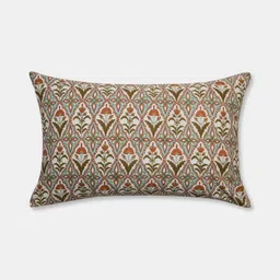 Fabindia Khus Orange Colored & White Floral Printed Cotton Rectangle Cushion Cover-image-96