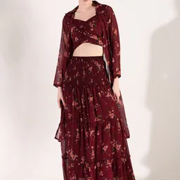SHOWOFF Floral Printed Shoulder Straps Neck Sleeveless Top & Skirt With Shrug-image-5