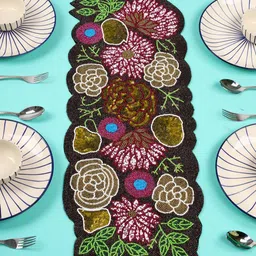 YWULY Black & Maroon Embroidered Beaded Dining TableRunner-18