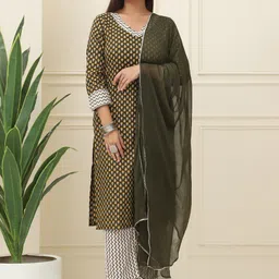 BAESD Floral Printed V-Neck Pure Cotton Straight Kurta With Trouser And Dupatta-image-41