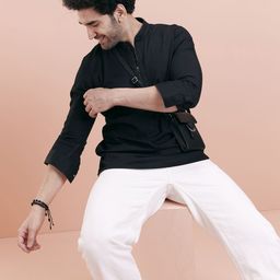 KISAH Mandarin Collar Denim Weave Straight Short Kurta-image-95