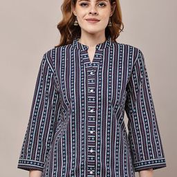 HERE&NOW Women Blue Floral Striped Printed Cotton Top-picture-10
