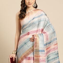 Silk Land Geometric Printed Zari Block Print Saree-image-75