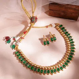 Rubans 22K Gold-Plated Emerald Green Stone Studded Traditional Necklace Set-44