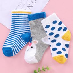 Cute Walk by Babyhug Ankle Length Antibacterial Socks Pattern Bunny And Stripe Design Pack Of 3 - Blue White Yellow-15