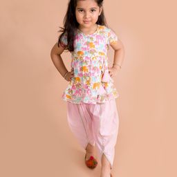 Pspeaches Short Sleeves Elephant Printed Kurta & Dhoti Set - Pink-image-72