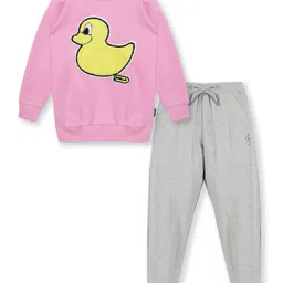 Kiddopanti Full Sleeves Duck Appliqued Fleece Sweatshirt & Solid Track Pant Set - Pink & Grey Melange-picture-22