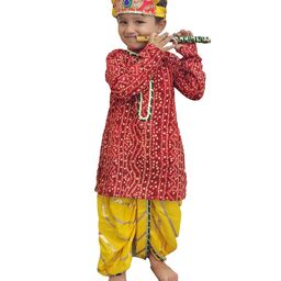 Aglare Janmashtami Theme Full Sleeves Bandhani Printed & Lace Embellished Kurta And Dhoti With Mukut & Bansuri - Red, Yellow, & Green-image-1