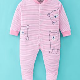 Child World Cotton Interlock Full Sleeves Striped & Bear Printed Footed Sleep Suit - Pink-picture-35