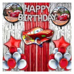 Bubble Trouble Happy Birthday Decoration Lightning Mcqueen Car Theme Combo Kit Items With Metallic Balloons Foil Curtain Shimmer For Little Kids Theme Birthday Party Decorations Red Pack of 39-image-19