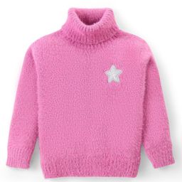 Babyhug Knit Full Sleeves Solid Colour Turtle Neck Sweater with Star Applique - Pink-image-51