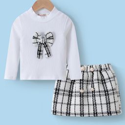 Kookie Kids Full Sleeves Top & Skirt Set With Bow Applique - White & Black-image-75