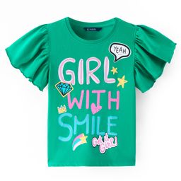 Pine Kids Cotton Knit Flutter  Sleeves Top with Text Print - Green-picture-0