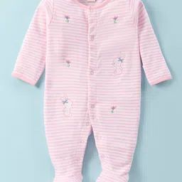 ToffyHouse 100% Cotton Knit Full Sleeves Footed Front Open Striped Romper with Bunny & Floral Embroidery - Pink-picture-48
