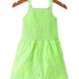 Babyhug Cotton Woven Singlet Sleeves Jumpsuit With Smocking Detailing & Bow Applique - Green-image-51